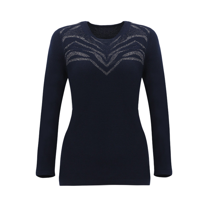 靓诺打底衫女秋冬毛衣短款修身紧身藏蓝圆领羊毛提花毛衫LW18350A