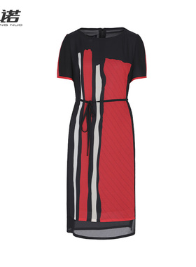 [轻熟商务]LIANGNUO靓诺系带中长印花连衣裙女夏显瘦裙子LL23243J