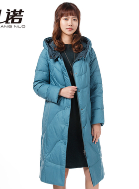 靓诺女士冬季蓝绿色翻领白鸭绒羽绒服连帽中长款轻柔外套LY20461A