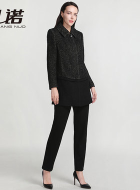 靓诺秋冬女水波纹羊毛新年拼接大码修身高端中长毛呢外套LD15410A