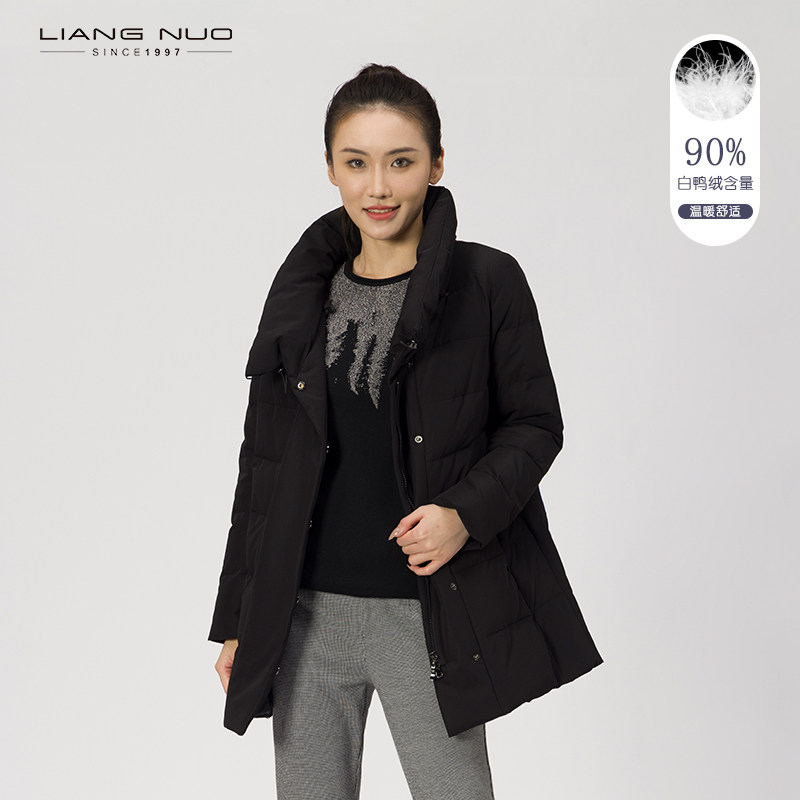 靓诺冬季羽绒服白鸭绒中长款修身新年送礼高端黑色外套LY19452A