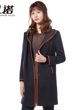 靓诺女士秋冬藏蓝色提花面料撞色拼条帽领大衣连帽风衣LF20337A
