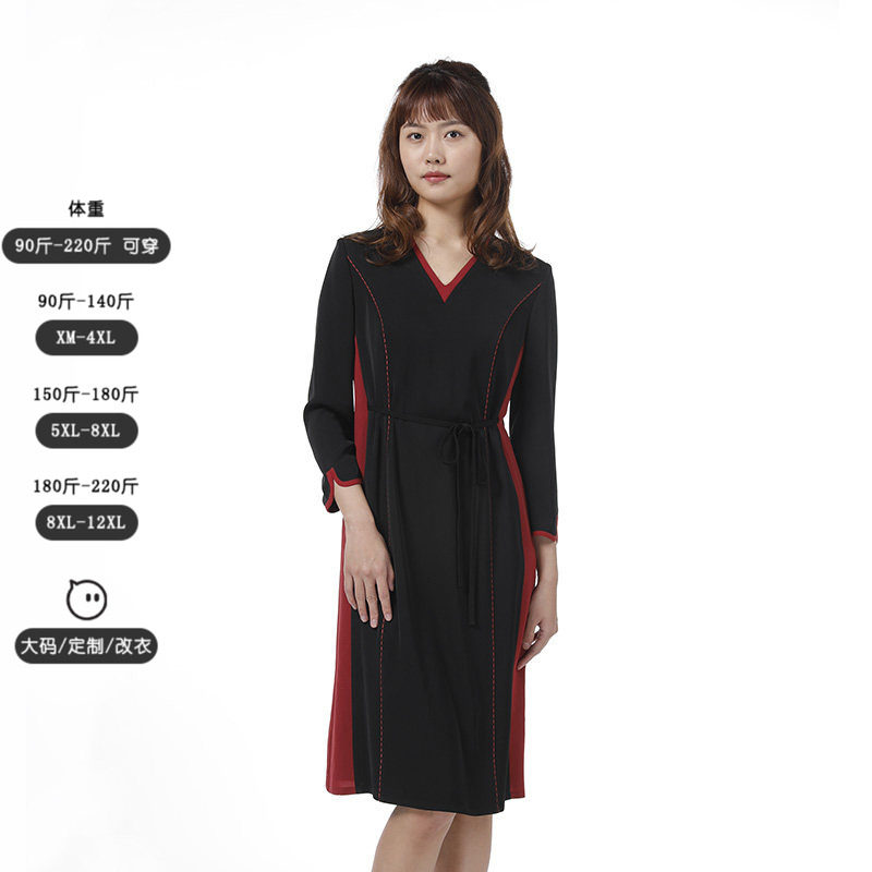 [质感V领]靓诺黑色撞红线V领裙子女中长款立体精裁连衣裙LL20142B