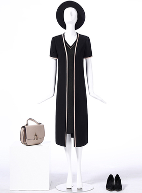 靓诺领口撞色黑色拼接裙LL22265A