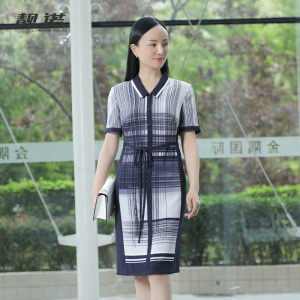 靓诺映卡排线翻领印花连衣裙高腰修身显瘦女士夏季长裙LL21254A