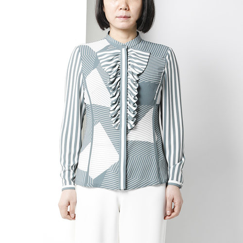 [轻淑女风]靓诺灰绿白条前胸荷叶花衬衫女立体精裁衬衣NC18131A