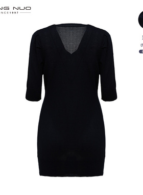 靓诺2022夏季新款简约V领收腰针织洋装中袖黑色连衣裙女LW21201A