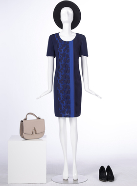 靓诺蓝色圆点渐变蕾丝纵拼接连衣裙LL16260A