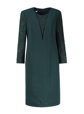 LIANGNUO靓诺墨绿色蕾丝拼接连衣裙LL18346A