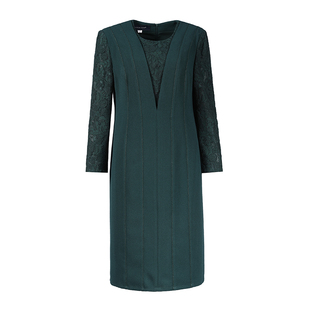 LIANGNUO靓诺墨绿色蕾丝拼接连衣裙LL18346A