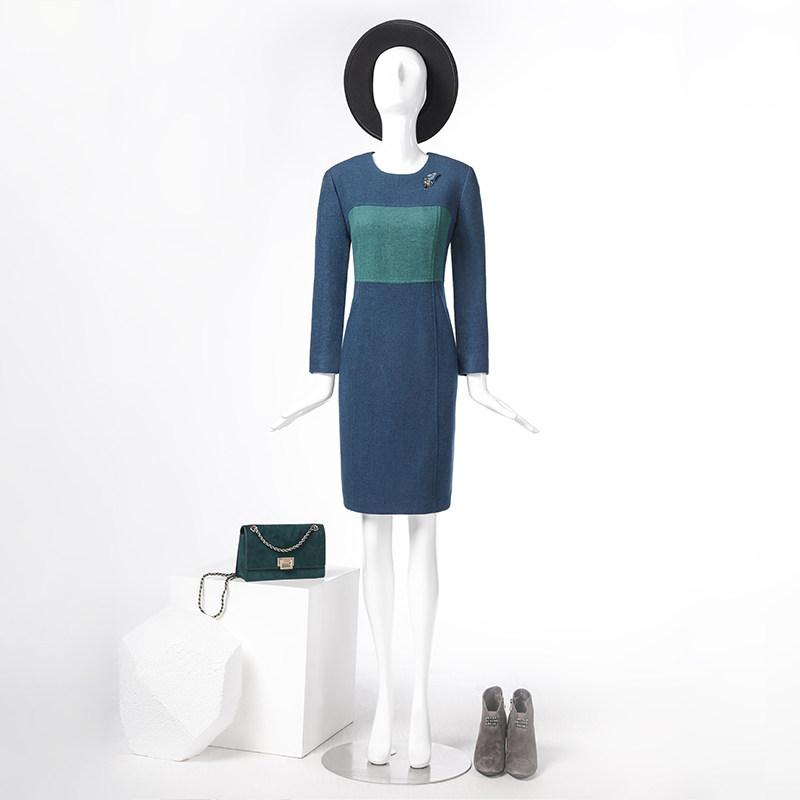 LIANGNUO靓诺深绿拼钴蓝顺毛呢连衣裙LQ13126A