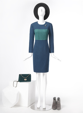 LIANGNUO靓诺深绿拼钴蓝顺毛呢连衣裙LQ13126A