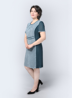 靓诺蓝绿色中长款连衣裙时尚优雅气质夏季新款收腰显瘦LL19277A