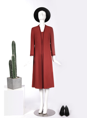 靓诺2021年新款优雅气质橘红色修身显瘦长袖假两件连衣裙LL21147A