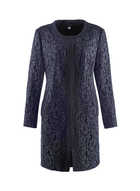 靓诺蓝色蕾丝风衣女士时尚气质中长款秋冬收腰显瘦上衣LF14594A