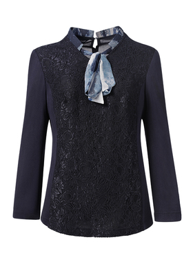 LIANGNUO靓诺蓝色飘带拼色女装上衣前襟系带T恤LT17302A