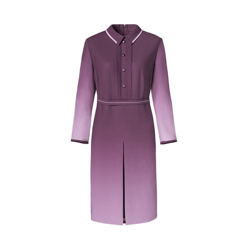 酒红色渐变下摆压褶小翻领连衣裙