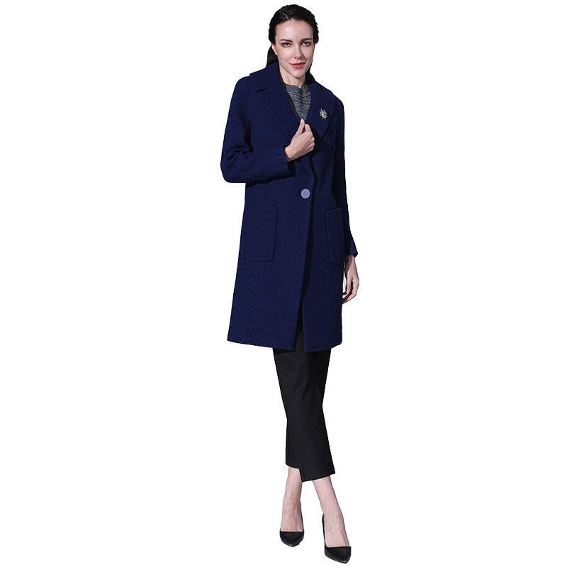翻领宽松中长款蓝色外套毛呢大衣