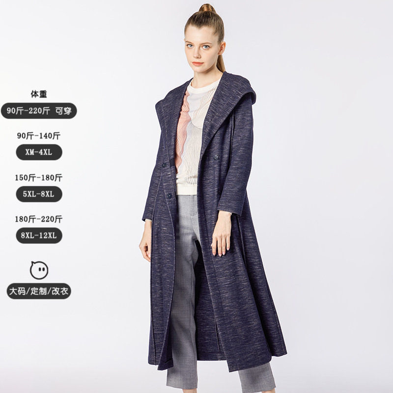 [时尚休闲]靓诺花灰蓝连帽风衣女长款百搭舒适英伦风大衣NF19372A