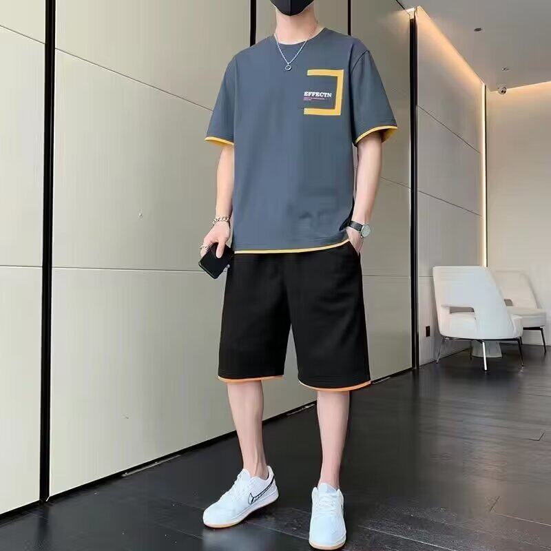潮牌短袖t恤男士夏季港风休闲套装痞帅潮穿搭运动短裤学生两件套