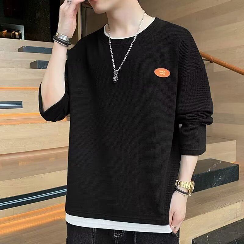 华夫格长袖t恤男春秋季2023圆领卫衣宽松大码薄款假两件美式外套