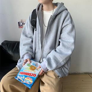 开衫卫衣男款春秋冬季加绒连帽上衣服青少年潮牌宽松休闲运动外套