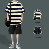 套装 短裤 男款 2025新款 港风短袖 五分袖 夏季 学生盐系宽松薄款 两件套