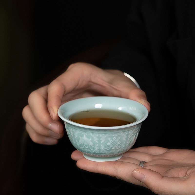 廷怀窑原矿浮雕八宝图纹杯主人单杯品茗杯陶瓷茶杯压手杯功夫茶具
