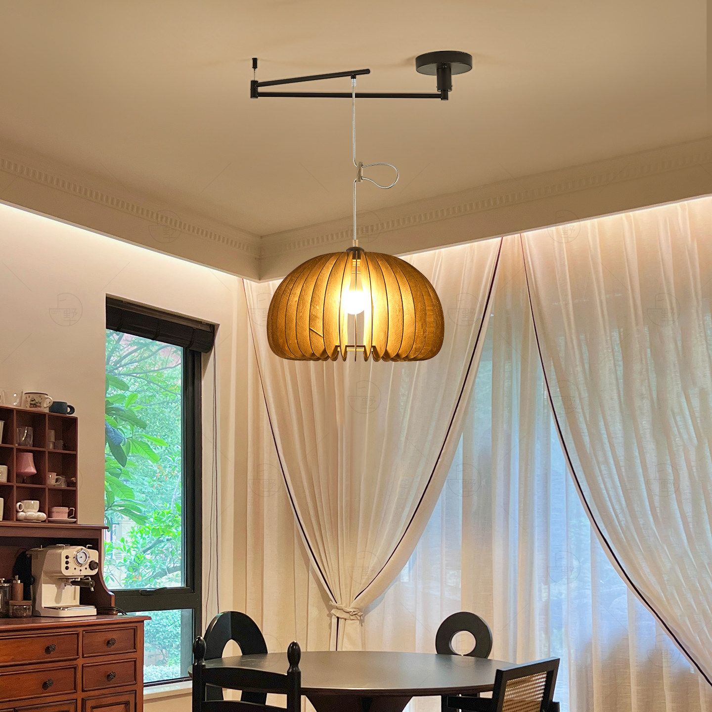 中古饭厅吊灯侘寂餐桌吧台2025新款灯具新中式覆古原木摇臂南瓜灯,家装灯饰光源,餐厅吊灯,淘宝优惠券,粉丝福利购,淘宝优惠卷