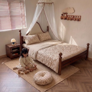 喜力美儿童床单人床1米5女孩卧室床中古风法式复古实木床小户型床