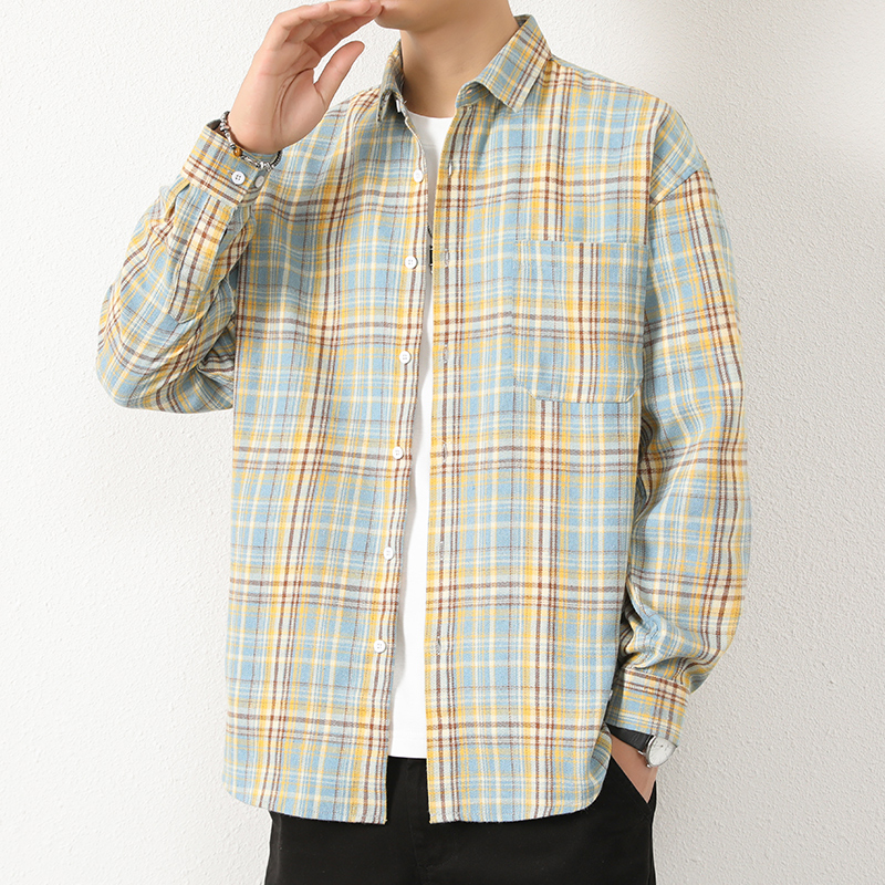 港风格子衬衫男士长袖春秋款潮流宽松休闲帅气衬衣101A-CS190-P26，男装衬衫，星座101A