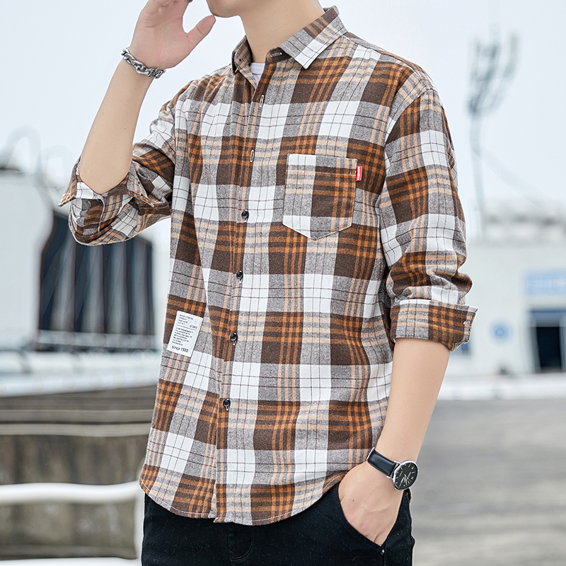 男士港风格子衬衫男长袖休闲衬衣青年帅气宽松寸衫101A-CS120-P26，男装衬衫，星座101A