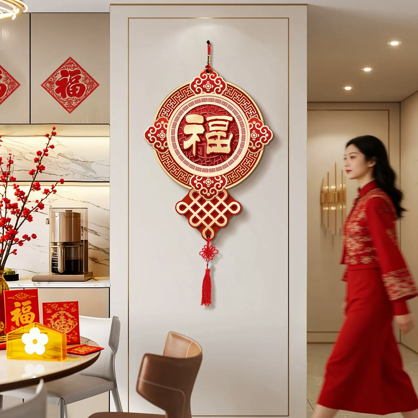 福字中国结装饰画新中式客厅墙上挂饰红色喜庆电视背景墙两侧挂件