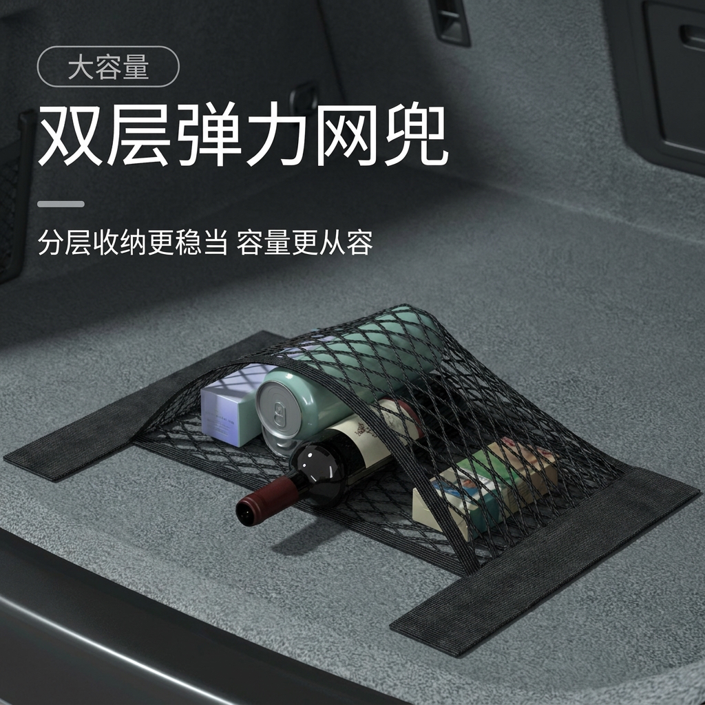 5排车载后备箱双层弹力收纳网兜