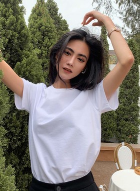 宋小妞白色t恤女短袖纯棉打底新款正肩高级女士体恤宽松黑色