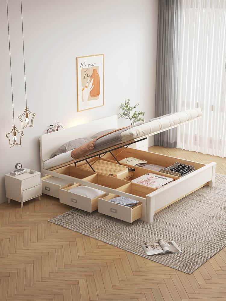 北欧白色全实木床气压高箱储物床1.5米小户型现代简约箱体收纳床