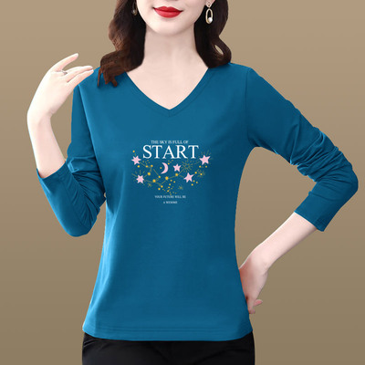 V领长袖t恤女纯棉秋季内搭鸡心领正肩休闲打底衫外穿宽松洋气上衣