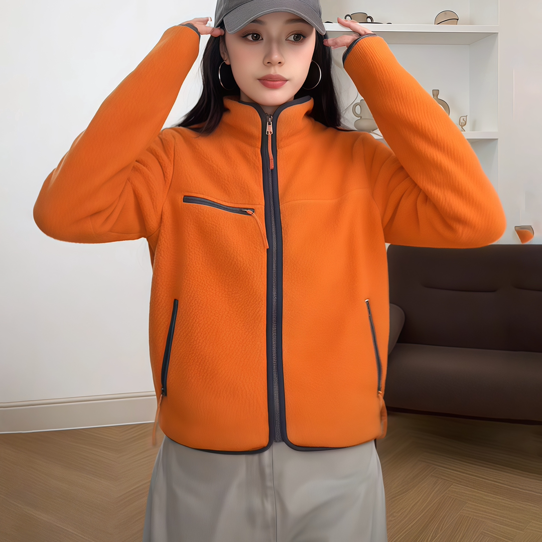 大码摇粒绒休闲立领外套女秋冬2025新款洋气撞色宽松拉链短款上衣