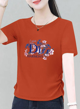 橙色圆领短袖t恤女夏季2025新款小个子收腰修身正肩小衫上衣体恤