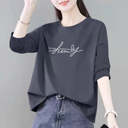 长袖打底衫女内搭t恤秋冬新款休闲简约宽松显白字母印花体恤衫ins