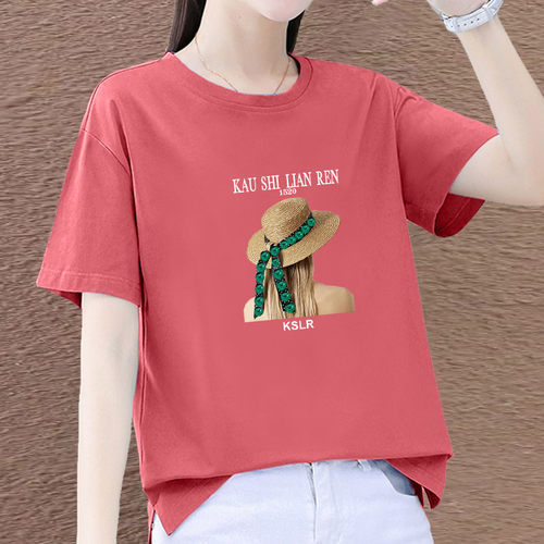 夏季纯棉开叉T恤衫印花女装