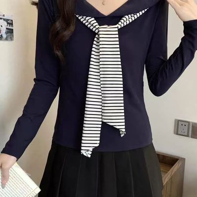 大码胖mm海军领长袖t恤女2025新款秋季外穿内搭修身条纹飘带上衣