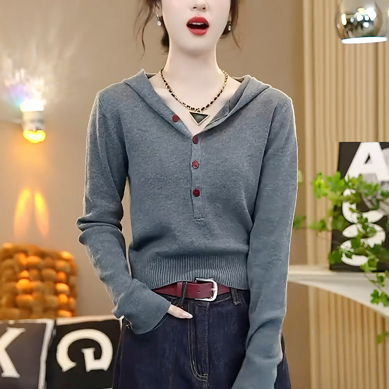 2025春秋新款长袖短款连帽针织衫女韩版洋气小个子显瘦毛衣上衣潮