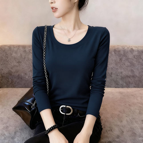 亲肤U领打底衫女内搭长袖T恤2025秋季洋气修身显瘦纯色正肩上衣