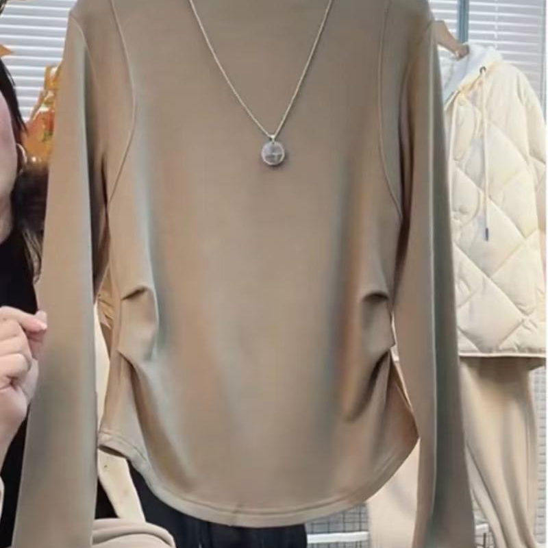 大码女装时尚褶皱下摆收腰半高领长袖T恤秋季新款显瘦减龄打底衫