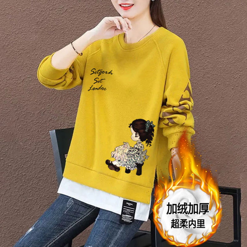 秋冬新款中长款卫衣女加绒加厚百搭拼接假两件长袖上衣宽松外套