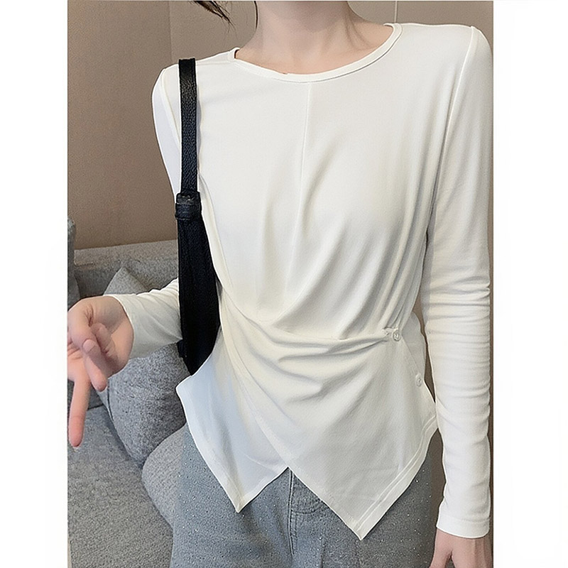 白色不规则长袖t恤女2025秋冬季设计感小众交叉收腰显瘦打底上衣