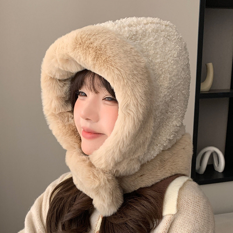 毛绒包头帽女秋冬2024新款百搭显脸小纽扣小众保暖防寒大头套头帽