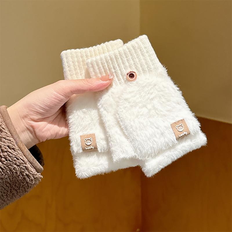 冬季露指半指翻盖手套女可爱白色保暖学生加厚针织写字触屏手套男