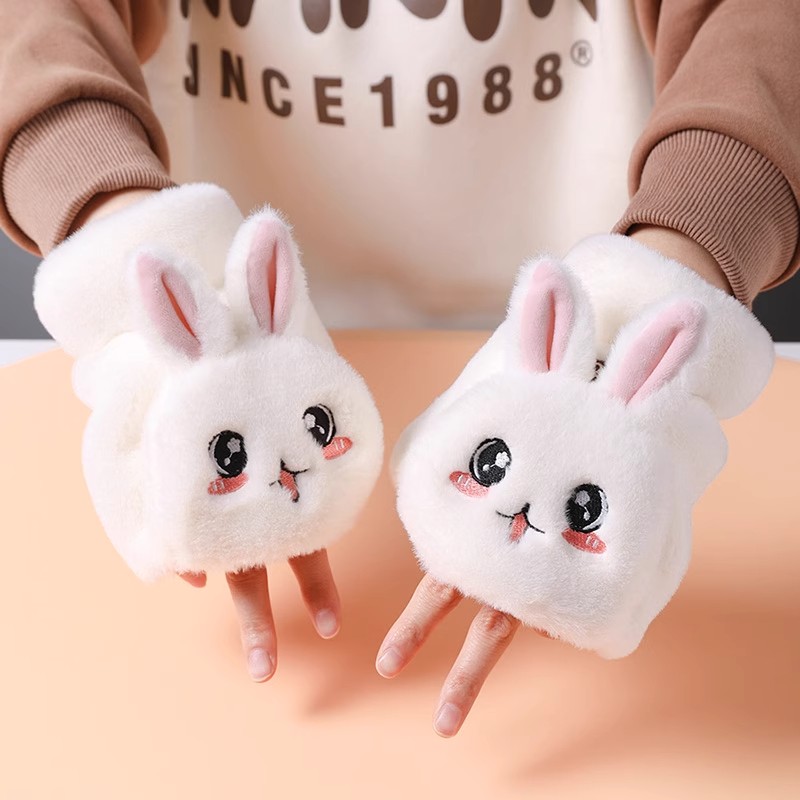 秋冬双层加厚毛绒翻盖半指手套